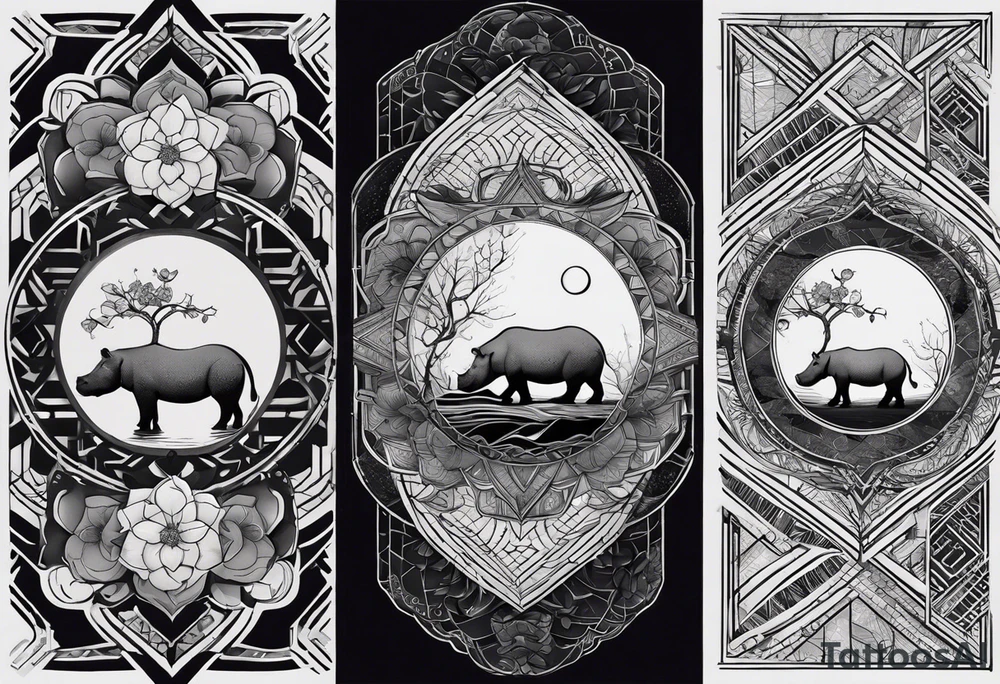 Very asymmetrical, +geometric pattern, with realistic full moon, with hippo at side look, +tribal, +geometric, +inkart , +blackwork, +grey scale, + sketch
with wintersweet flower bud, +inkart touch, +for men tattoo idea