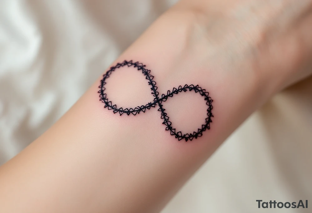 A lace-textured infinity outline in dark gray, with a soft burgundy heart sewn into the design. tattoo idea