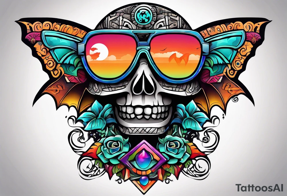 Colorful Mayan hieroglyph wearing sunglasses with bats and water tattoo idea