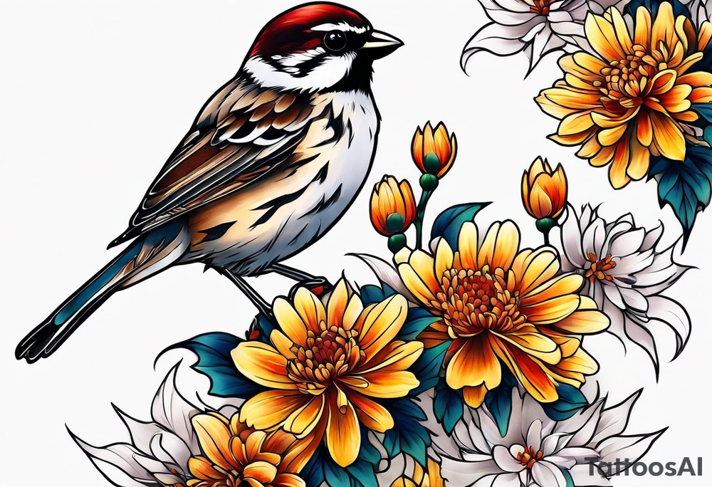 Sparrows and chrysanthemums tattoo idea