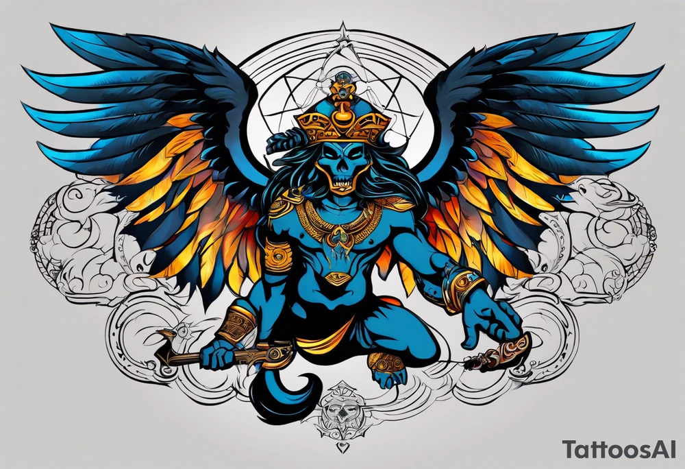 black kali, goddess pirate, alien, angel, pachamama, valkrye, warrior, flying, skull, lotus azul, wing, eagle, zenza resonance, stars, 5D, anahata chakra, death, durga, riding on a tiger, flying lady tattoo idea