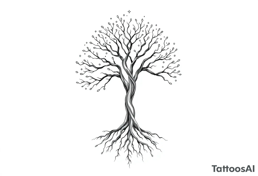 mystical tree of life with cosmic roots and celestial branches tattoo idea