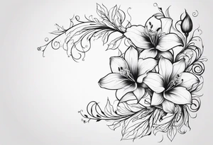 Flower and vine tattoo on upper left back climbing over the shoulder and towards the chest. Flowers should be Lilys, orchids, and dandelions. More empty space. More minimalist tattoo idea