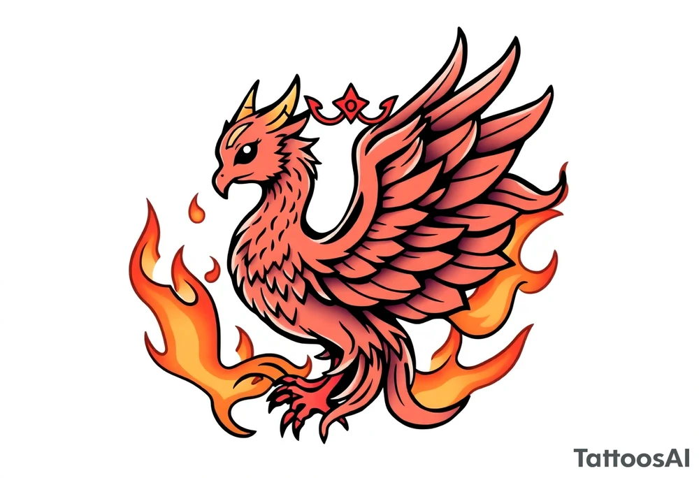 cute cartoon Phoenix with crown, engulfed by flames tattoo idea