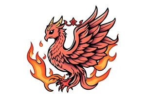 cute cartoon Phoenix with crown, engulfed by flames tattoo idea