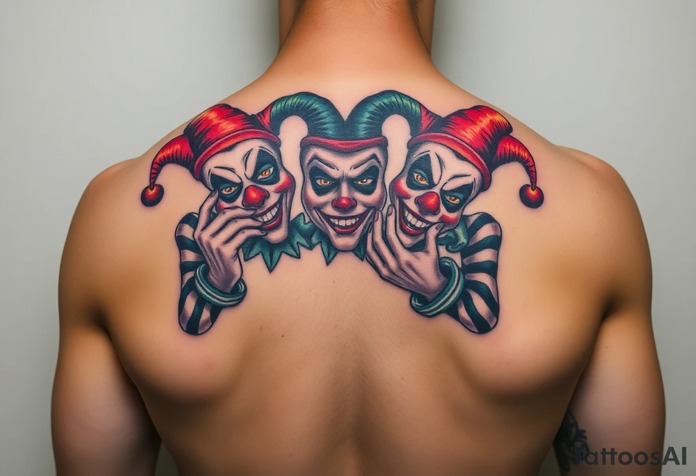 a toxic jester clowns standing behind each other holding cheeks up to smile tattoo idea