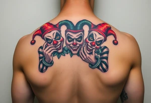 a toxic jester clowns standing behind each other holding cheeks up to smile tattoo idea