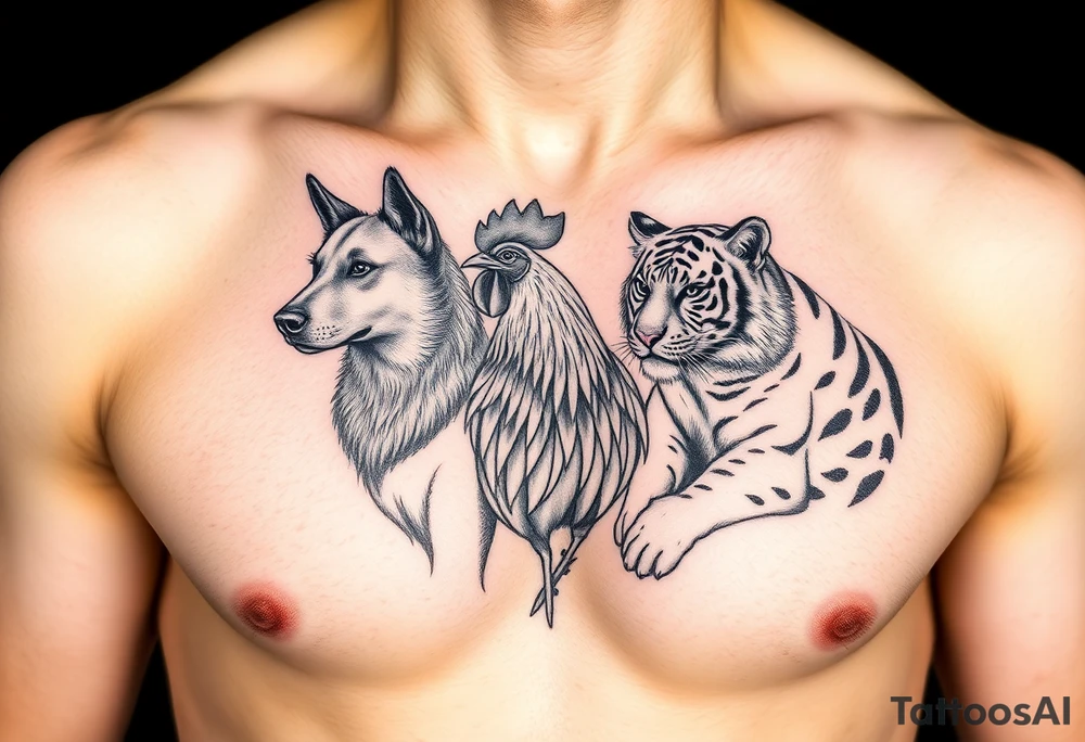 chest tattoo of dog and rooster and tiger together tattoo idea