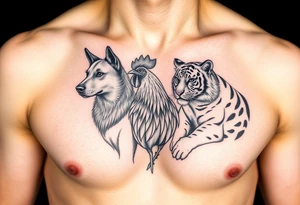 chest tattoo of dog and rooster and tiger together tattoo idea