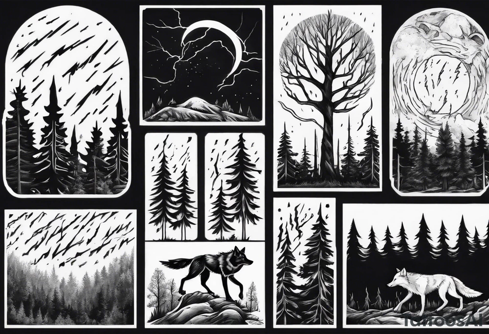 lightning storm over a forest with a distant wolf howling tattoo idea lightning storm over a forest with a distant wolf howling tattoo idea