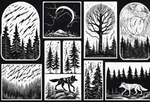 lightning storm over a forest with a distant wolf howling tattoo idea