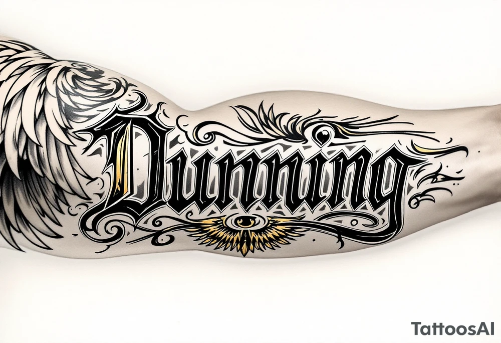 Dunning, details include bold strong font, gold highlights, theme of wealth and angel wings, taino native tattoo idea