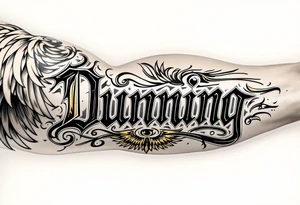 Dunning, details include bold strong font, gold highlights, theme of wealth and angel wings, taino native tattoo idea