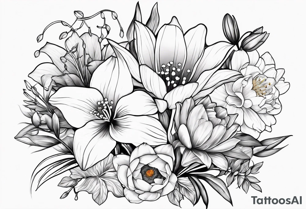 A bouquet of flowers with a water lily, gladiolus, poppy, lily of the valley, daffodil, and a honey suckle with long stems tattoo idea