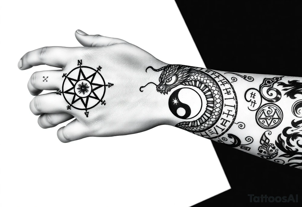 Blackwork tattoo from hand to elbow in a tribal, spiritual style. Vegvisir compass on the hand, carved in rough rune style, inside a radiant Thai sun disc. Each finger has a minimal rune: Tiwaz, Eiwaz, Algiz, Sowilo, Ansuz. A coiling serpent or dragon wraps the forearm — Japanese flow with a Viking beast head. Inside the coil is a Yin-Yang with a broken runic circle, tiny sun and moon inside. Vertical script on the inner forearm: either Bushidō (武士道) or Old Norse runes. Background includes Nordic knotwork, Thai swirls, Japanese waves. Hidden details: crossed swords, faint Hannya mask, sak yant diamonds. Bold black ink with rough, carved texture. tattoo idea