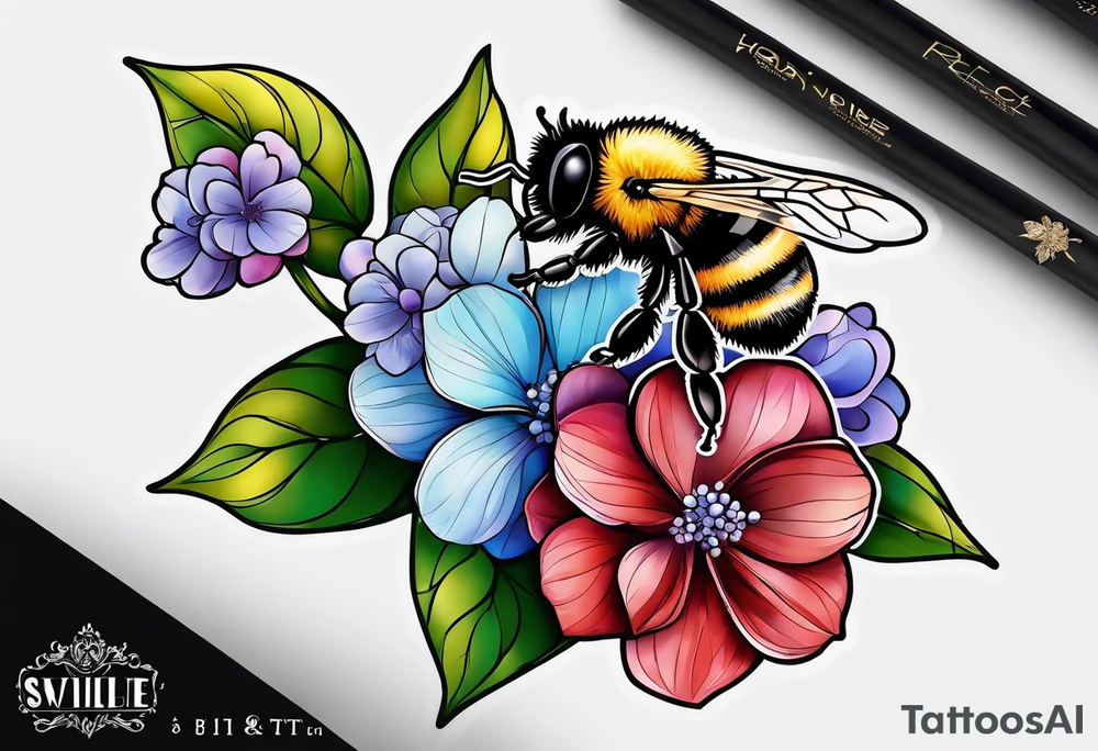 Small tattoo. There’s a hydrangea and a bee but they are not touching. The bee is small and off to the side. tattoo idea