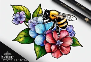 Small tattoo. There’s a hydrangea and a bee but they are not touching. The bee is small and off to the side. tattoo idea