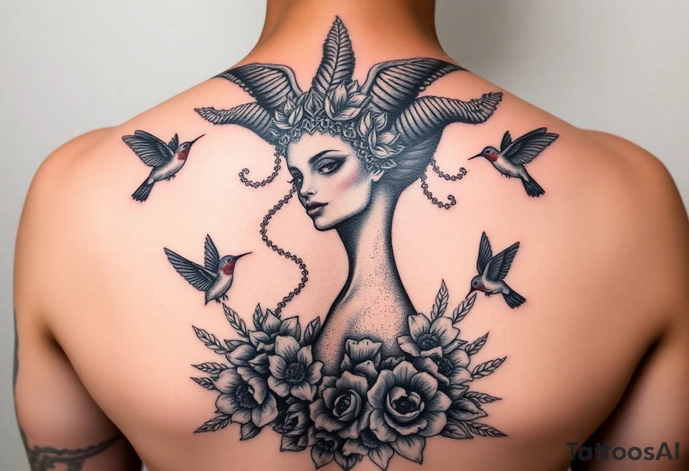 feminine medusa surrounded by hummingbirds and flowers tattoo idea