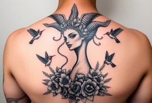 feminine medusa surrounded by hummingbirds and flowers tattoo idea