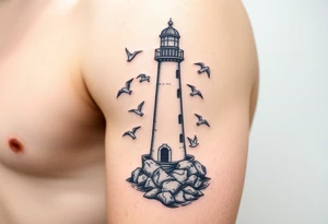 upper arm tattoo sea with lighthouse surrounded by seagulls tattoo idea