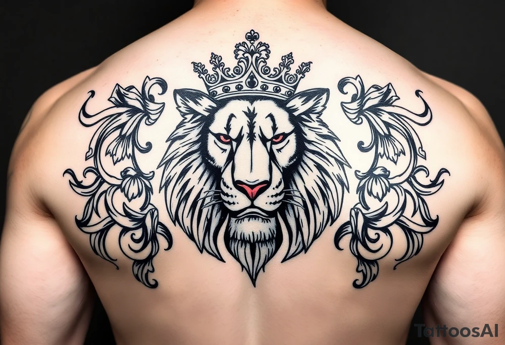 majestic lion wearing ornate crown, surrounded by baroque flourishes tattoo idea