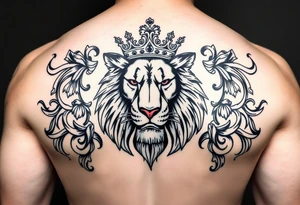 majestic lion wearing ornate crown, surrounded by baroque flourishes tattoo idea