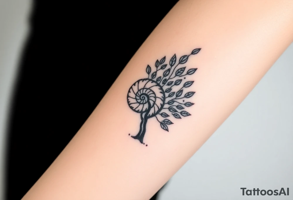 Fibonacci spiral shell on side of base of tree full of lots of leaves tattoo idea