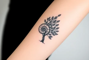 Fibonacci spiral shell on side of base of tree full of lots of leaves tattoo idea