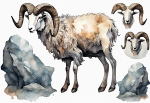 a solitary broad-shouldered man with the head of a big-horned sheep, wearing a grey tunic standing before a cave with cloven hooves for feet tattoo idea
