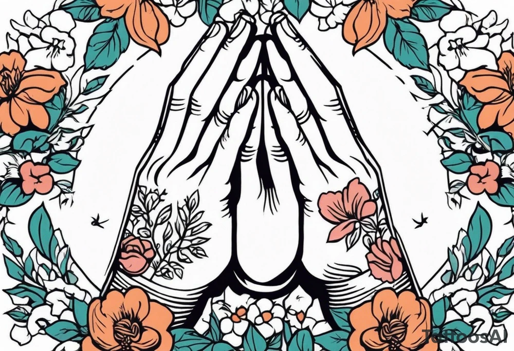 praying hands

old school vintage simple traditional design with vintage flowers surrounding
bold color simple tattoo idea
