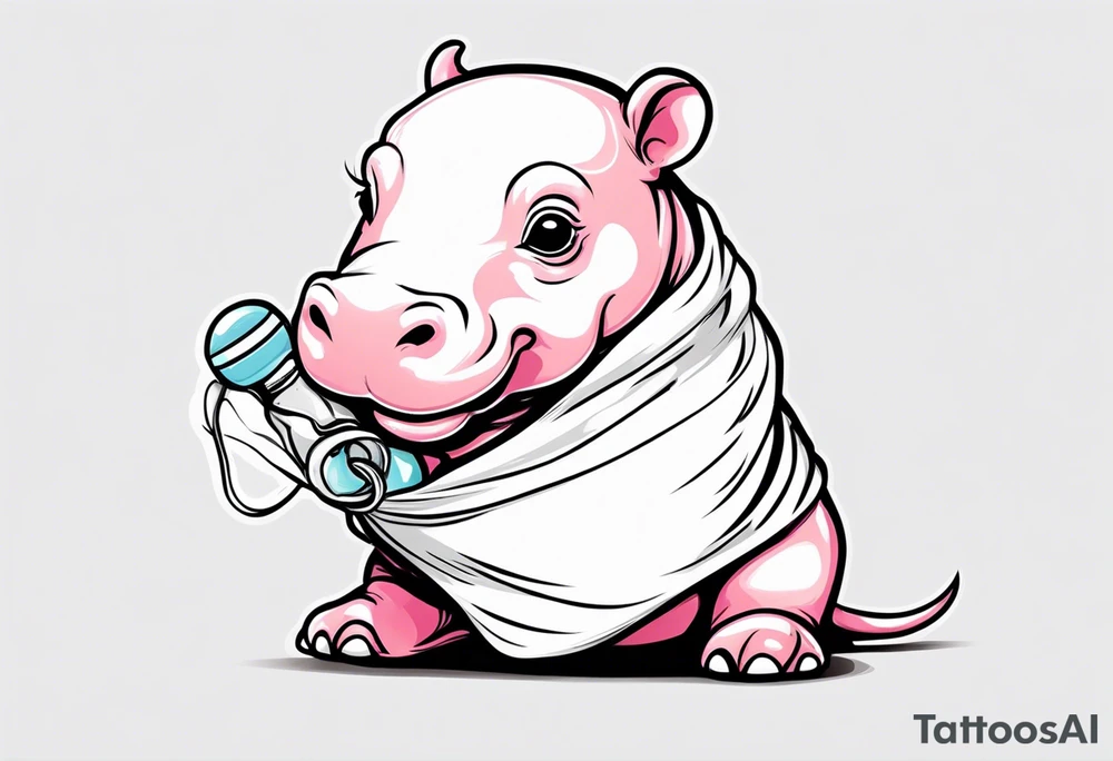 Baby hippo wrapped in a baby swaddle with a pacifier tattoo idea