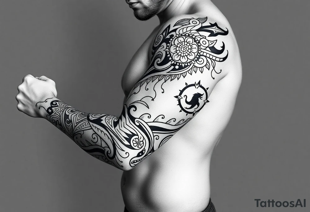 Tribal Sicilian sleeve with patterns
And symbols with a Leo symbol on forearm tattoo idea