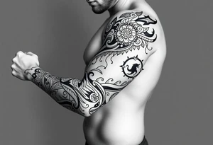 Tribal Sicilian sleeve with patterns
And symbols with a Leo symbol on forearm tattoo idea