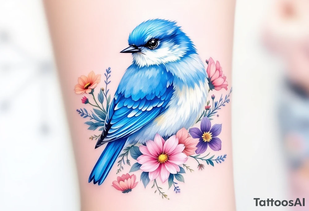 Puffy bluebird surrounded by wild flowers tattoo idea