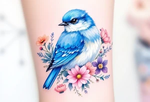 Puffy bluebird surrounded by wild flowers tattoo idea