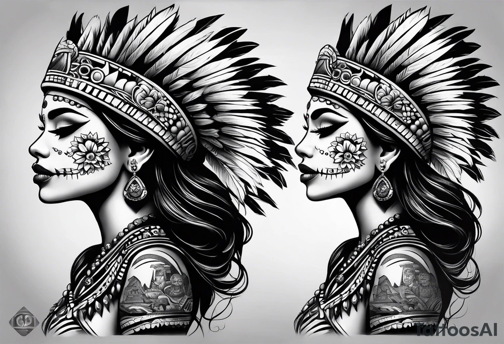 Aztec princess side profile day of the dead tattoo idea