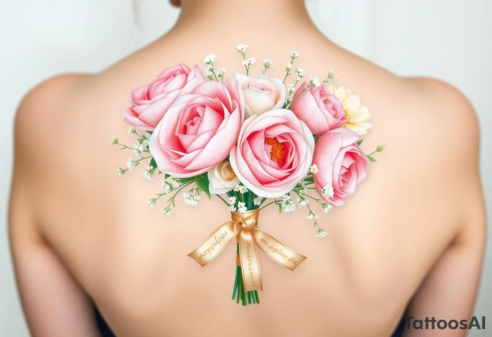 A delicate, hand-tied bouquet of roses, peonies, and baby’s breath, with soft pink, ivory, and pastel peach petals. The stems are wrapped in a silk ribbon with golden embroidery, flowing gently in the wind. Subtle watercolor shading creates a dreamy, romantic feel. tattoo idea