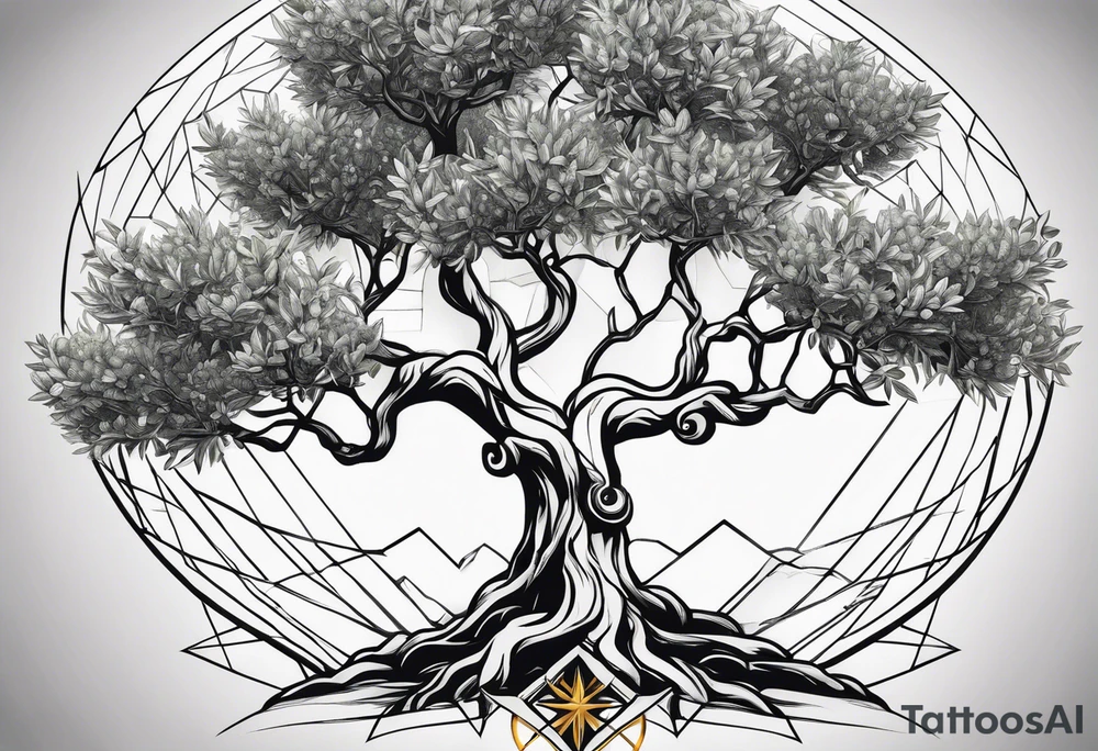An olive tree growing from a geometric figure tattoo idea