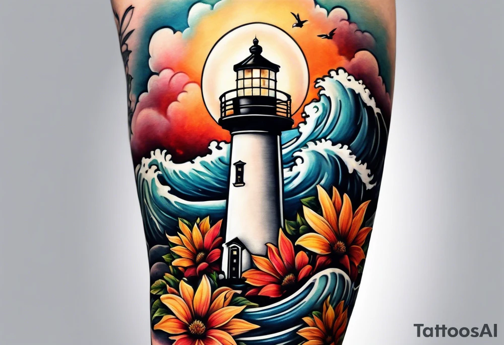 Arm sleeve with fall colors, various flowers, water flow, water splash, light house tattoo idea