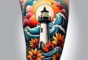 Arm sleeve with fall colors, various flowers, water flow, water splash, light house tattoo idea