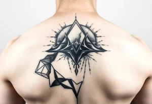 other worldly that covers the upper middle back and is geometric that also uses negative spaces and plays with shading tattoo idea