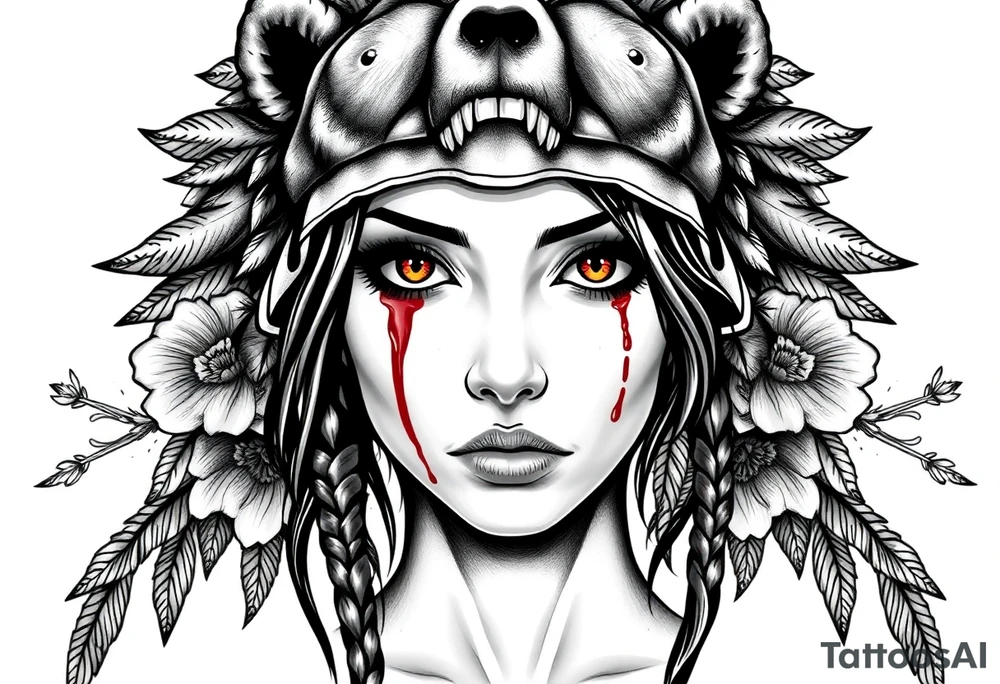 Young Symmetrical Beautiful Woman, looking forward, with colored eyes, shedding a tear, with battle scars and blood on face, with soft look, wearing a mean looking bear headdress on head, with dead flower background tattoo idea
