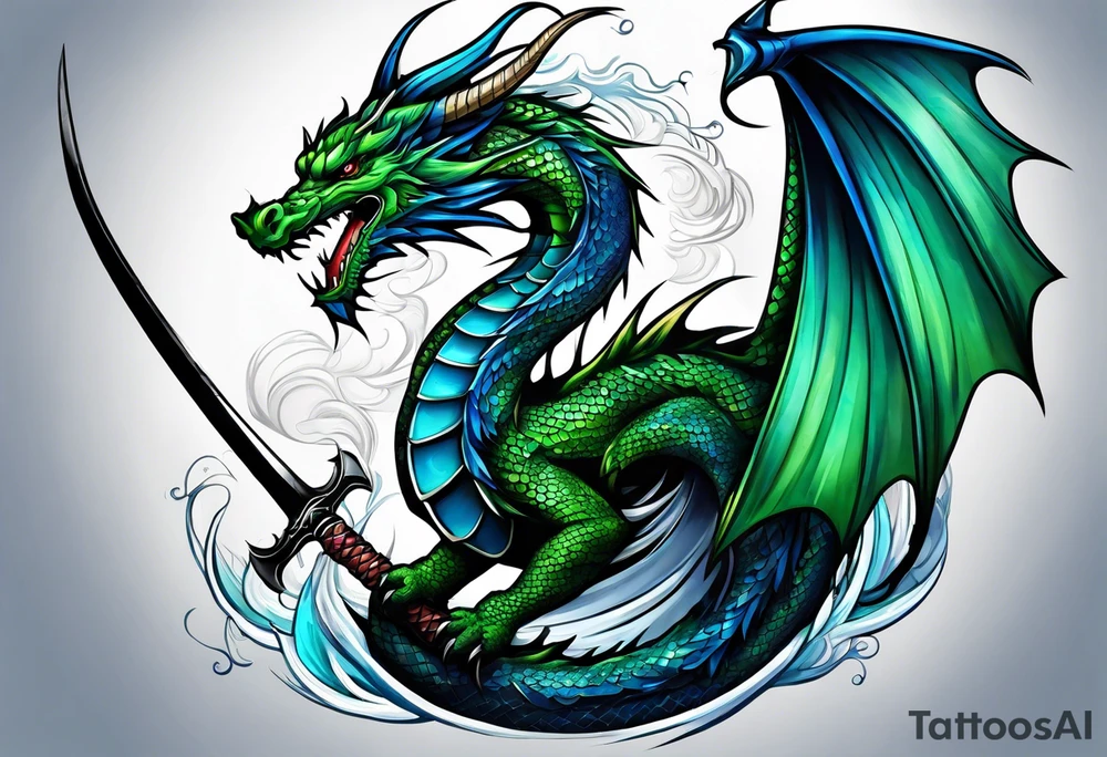 Blue and green dragon around a katana sword tattoo idea