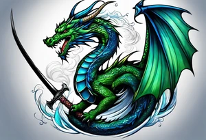Blue and green dragon around a katana sword tattoo idea