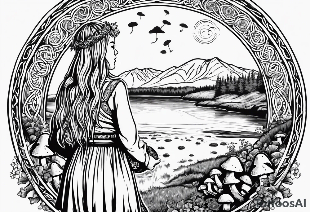 Whole picture encircled fully

Straight long blonde hair hippie girl in distance holding mushrooms in hand facing away toward mountains and creek surrounded by mushrooms long sleeve shirt and hiking pants; whole rendering within a full celtic circle, no cut off circle tattoo idea