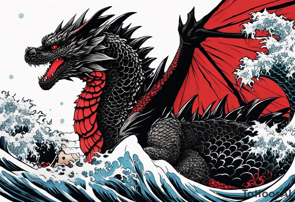 godzilla inspired dragon irezumi arm sleeve in black and red with water and lightning tattoo idea