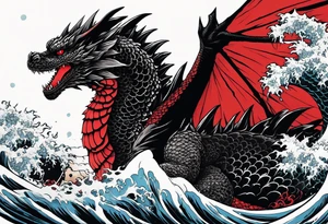 godzilla inspired dragon irezumi arm sleeve in black and red with water and lightning tattoo idea