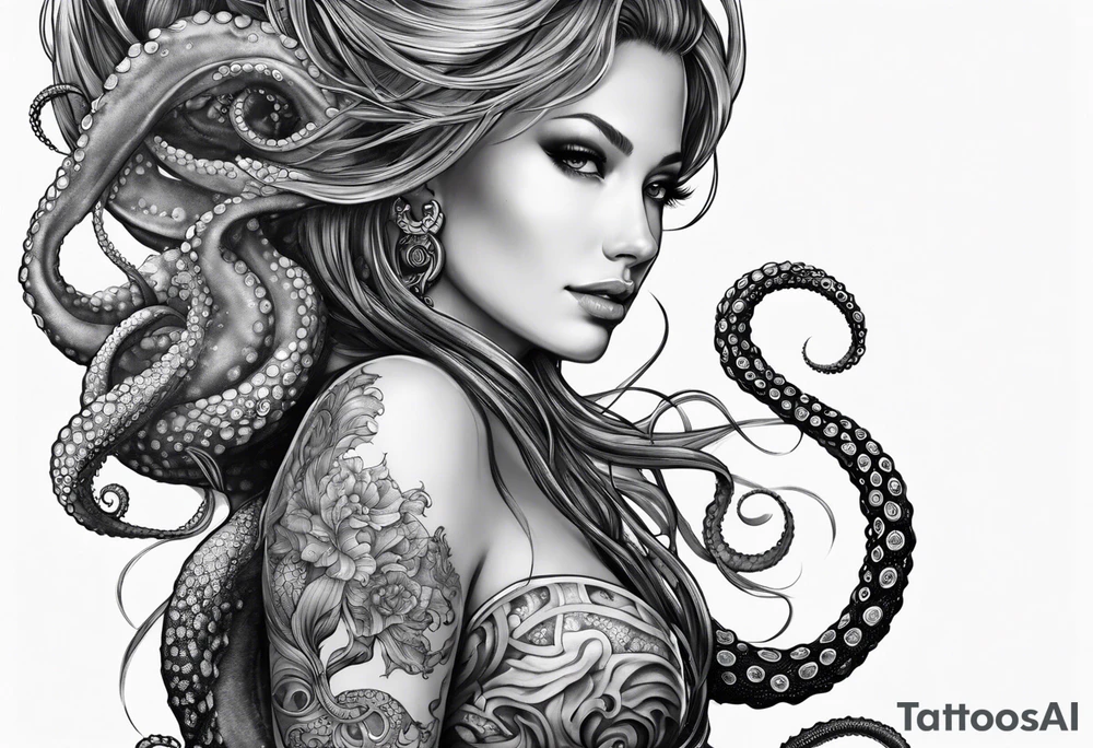 Lower leg sleeve. Large blue ring octopus holding mermaid tattoo idea