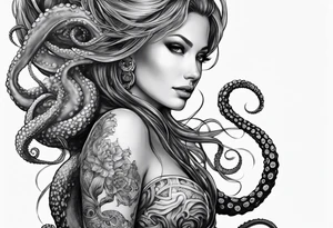 Lower leg sleeve. Large blue ring octopus holding mermaid tattoo idea