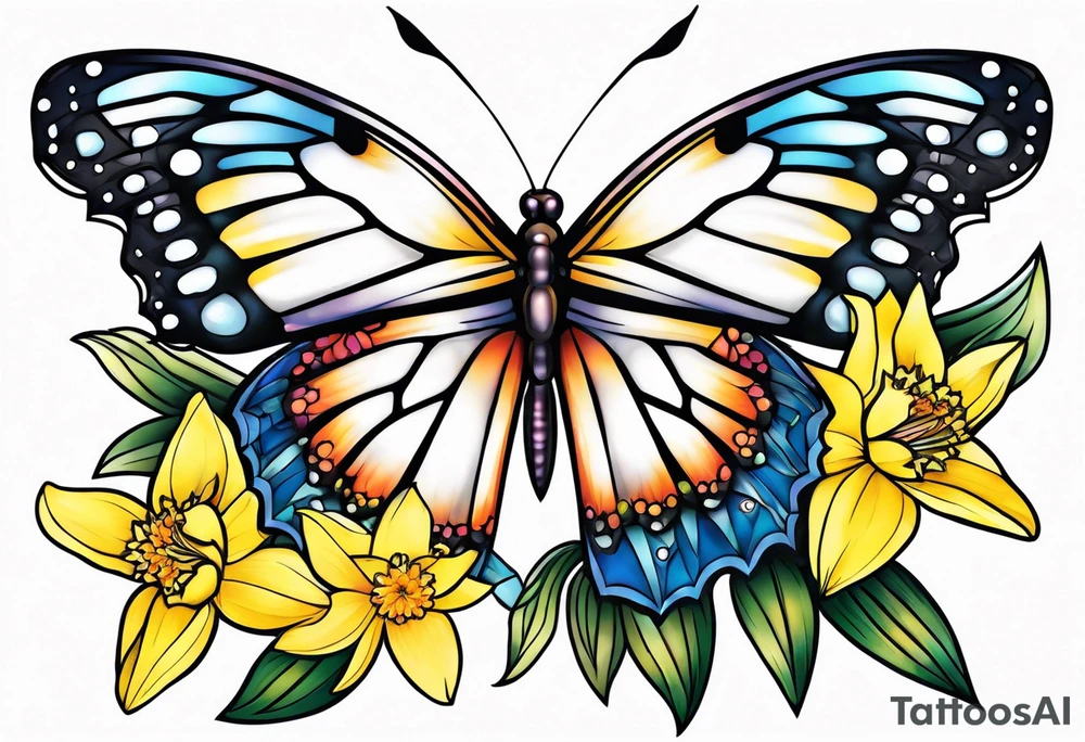 Butterfly, star and daffodils, aster tattoo idea